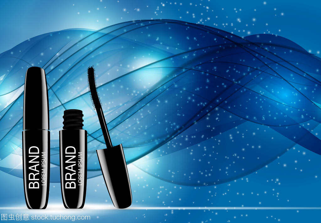 時裝設(shè)計化妝品產(chǎn)品模板的廣告或雜志背景。睫毛膏產(chǎn)品系列 Reportv 3d 逼真矢量 Iillustration